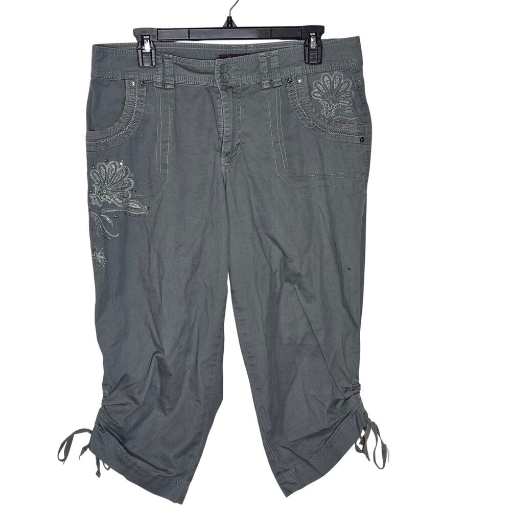 Gloria Vanderbilt Womens Sz 10 Olive Floral Embroidered Capri Pant Cinch Pockets